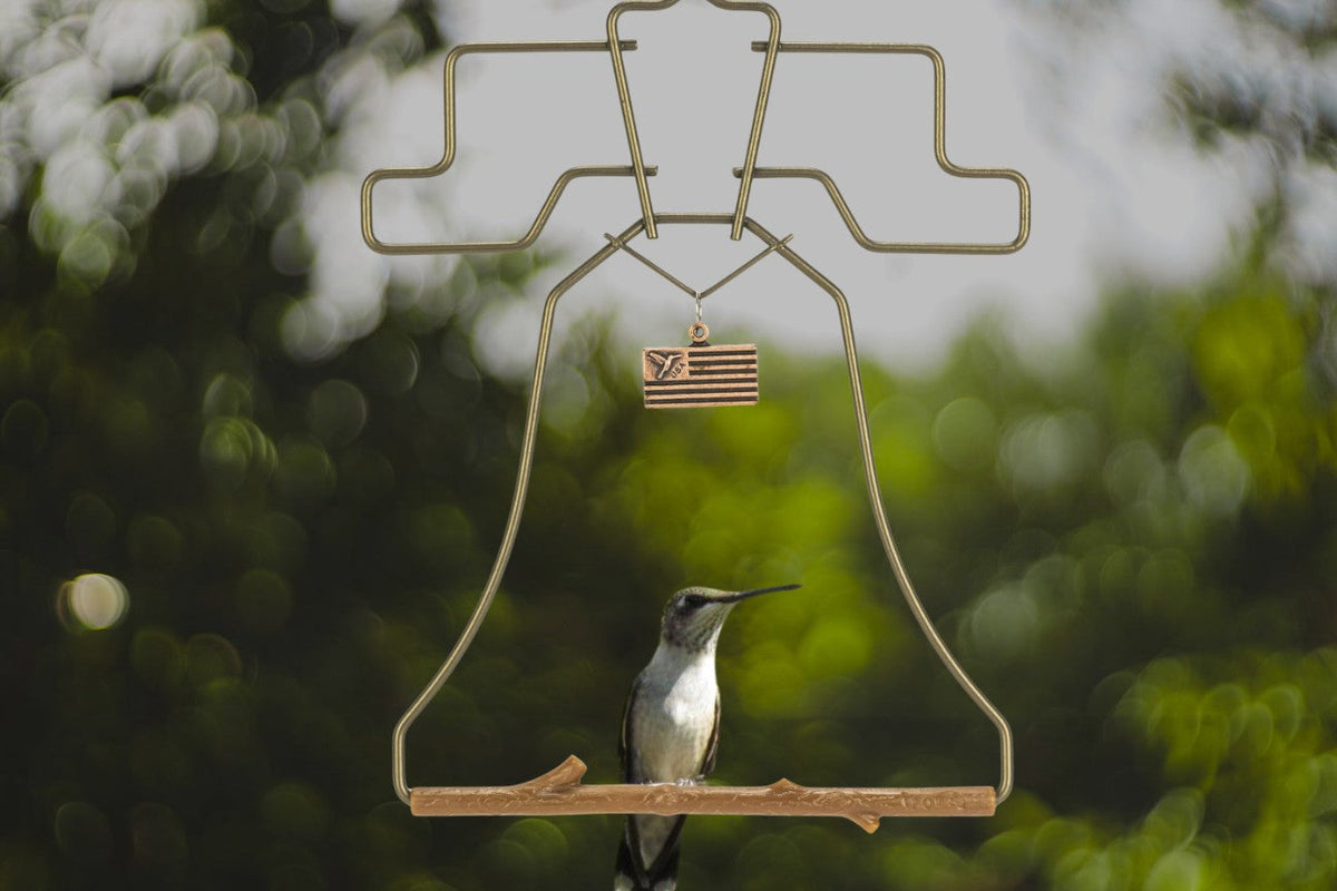 Hummingbird perched on a Pop's Liberty Bell Small Batch hummingbird swing