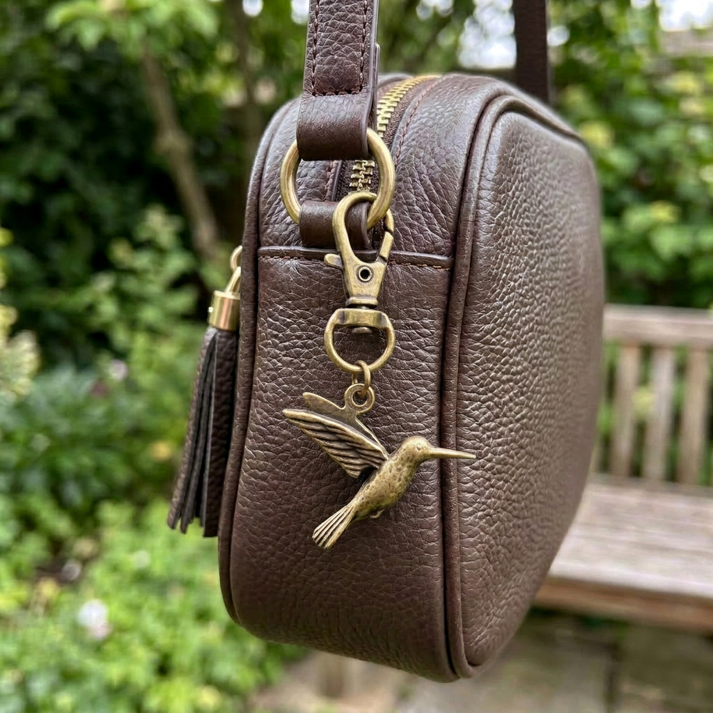 Brass hummingbird charm on an antique brass swivel clasp, clipped to a brown leather bag