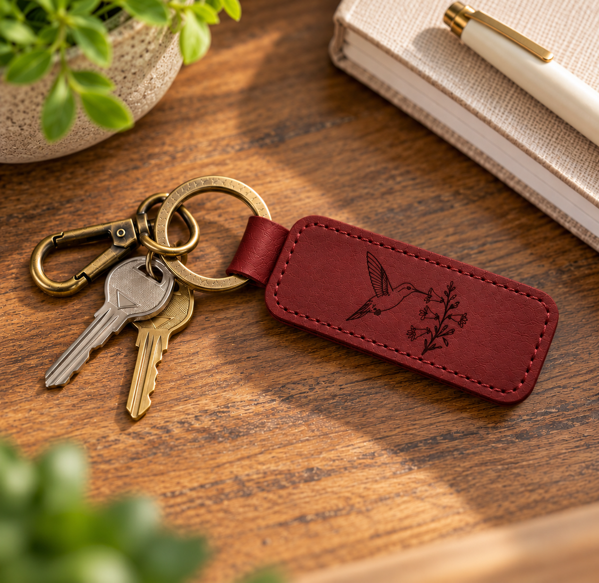 Burgundy leather hummingbird keychain with keys on a wooden desk