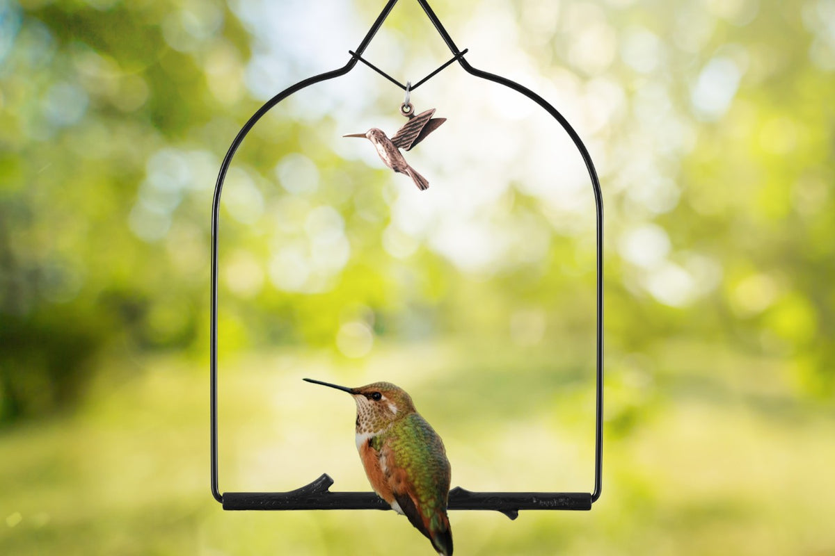 A hummingbird perched on the Onyx Charm Series swing with a copper bird charm