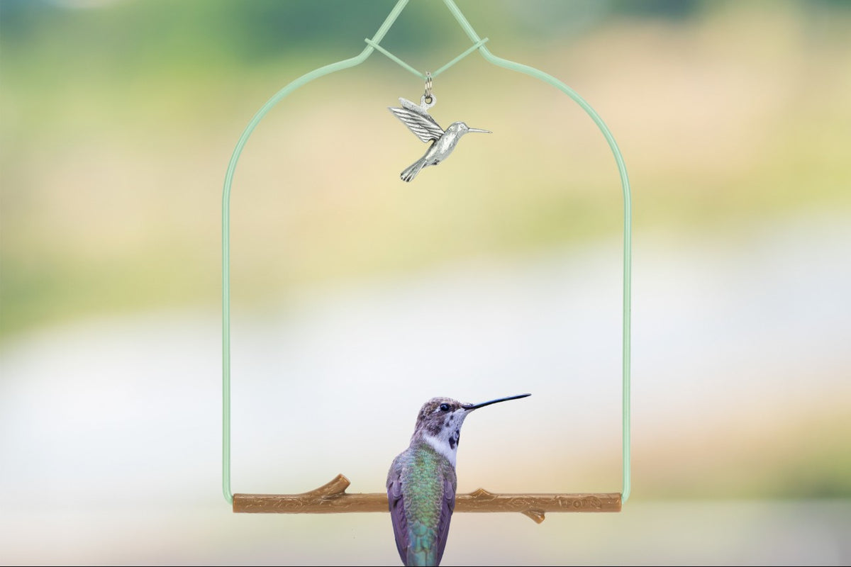 A hummingbird perched on the seafoam-green patina Charm Series swing with a silver bird charm