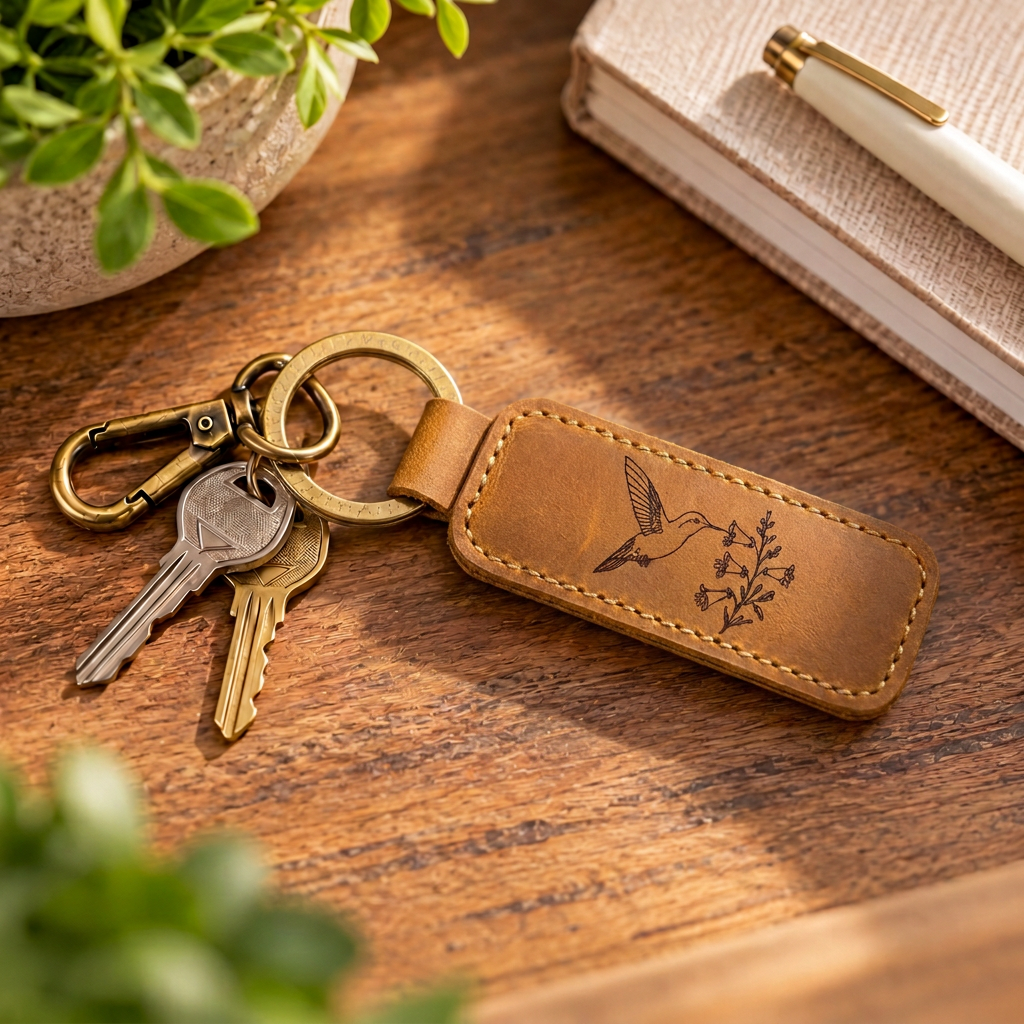 Chestnut leather hummingbird keychain with keys on a wooden desk