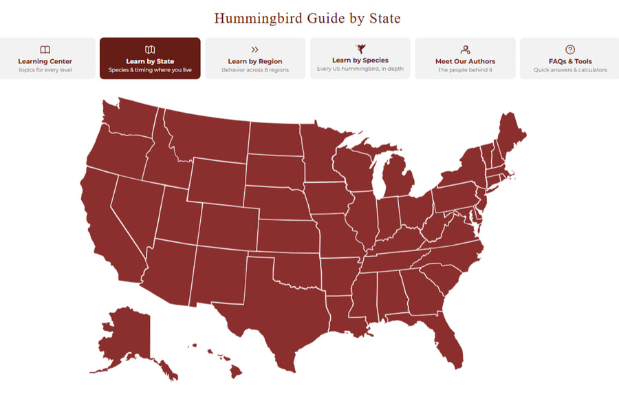 The Hummingbird Guide by State in the Pop's Birding Learning Center, with a clickable map of the United States