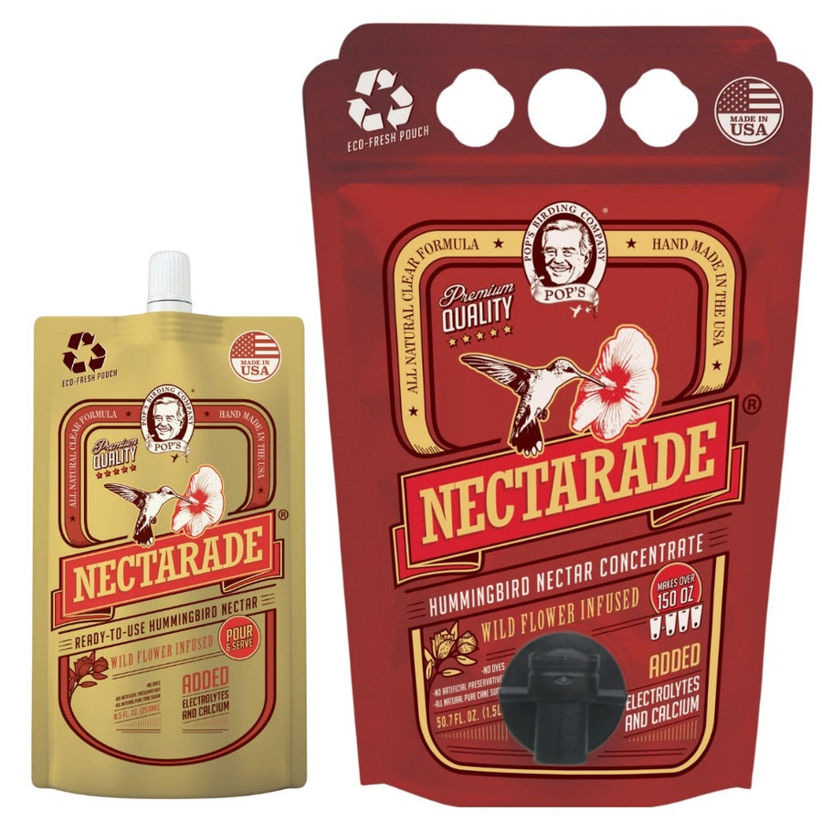 Pop's Nectarade® hummingbird nectar: the ready-to-use gold pouch and the red concentrate pouch