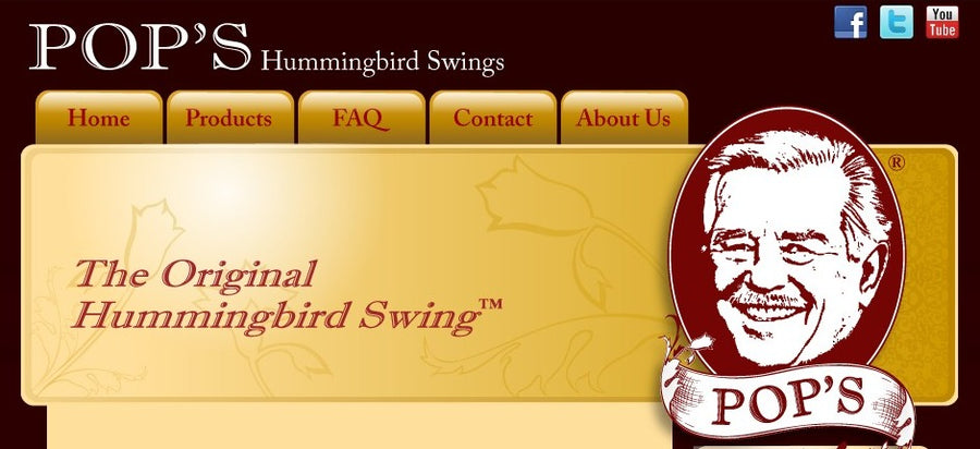 Pop's Hummingbird Swings website from 2012 in gold branding with Pops' face logo