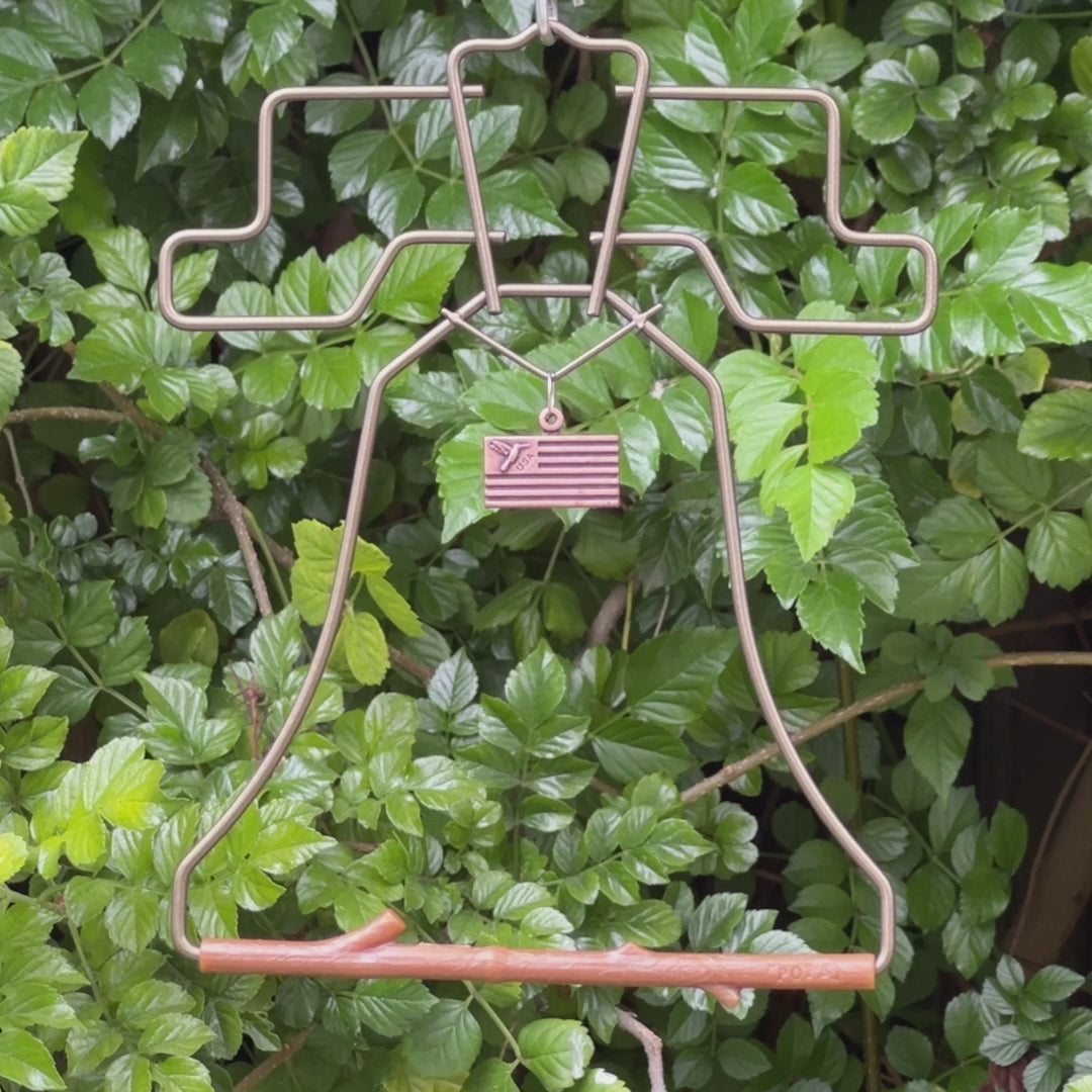 Video: bronze Liberty Bell hummingbird swing hanging in green leaves